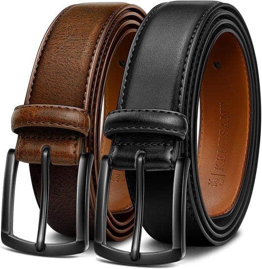 Men Belt 2Pack – Genuine Leather Belt for Men Dress Casual Golf Jeans 1 3/8"